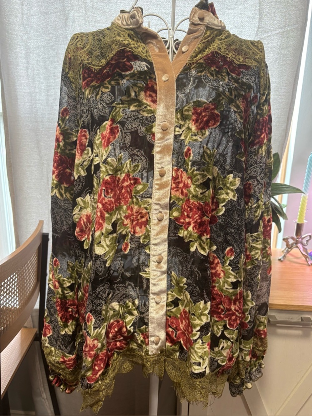 POL Floral Velvet Button-Down Shirt in Black, Red, Green